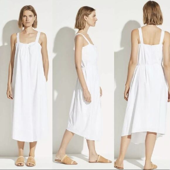 VINCE Linen Pleated Midi Shift Dress White BEACH RESORT CASUAL MINIMALIST Size M - Picture 1 of 7